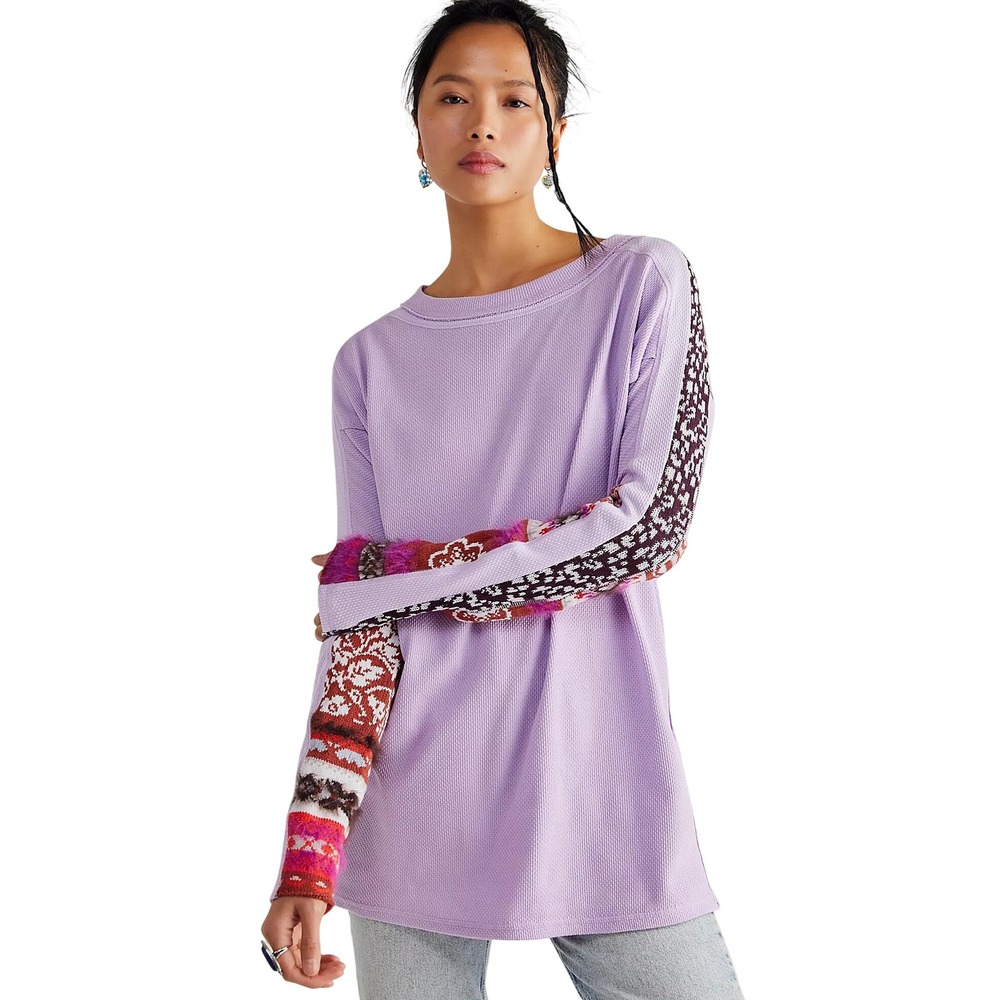 Free People On My Way Cuff Thermal Top Womens Medium Lavender Fair Isle Boho